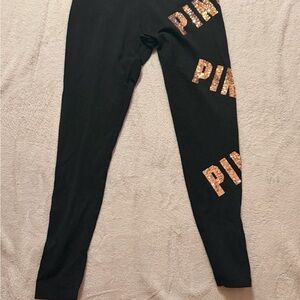 PINK Black Leggings with Rose Gold Sequin Bling Logo